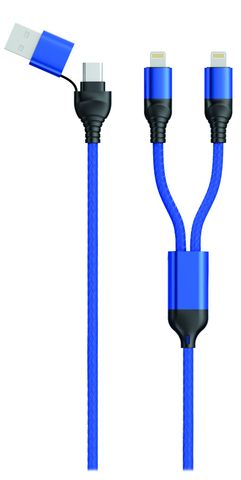 2GO USB / Type C Ladekabel DUO 2x Lightning Nylon 1,2m blau