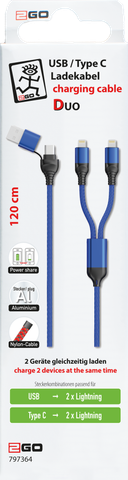 2GO USB / Type C Ladekabel DUO 2x Lightning Nylon 1,2m blau