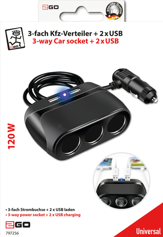 2GO 3-Fach Kfz-Verteiler + 2x USB