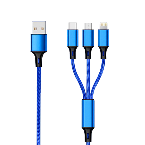 2GO 3in1 USB Ladekabel Micro-USB,Apple,TypeC Nylon 1,5m blau