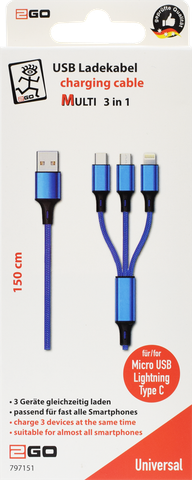 2GO 3in1 USB Ladekabel Micro-USB,Apple,TypeC Nylon 1,5m blau