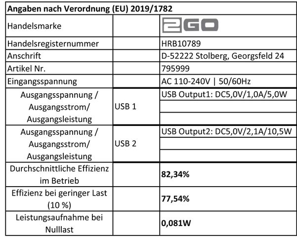 2GO Ladegerät 10,5W 2-Port 2x USB-A,  weiß
