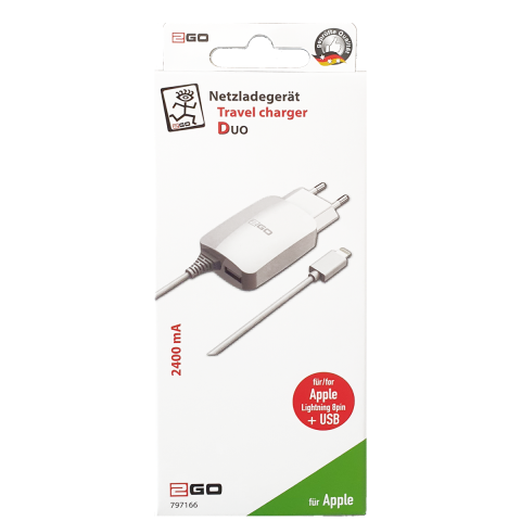 2GO Ladegerät 12W Lightning + 1x USB, Kabel 1,4m,  weiß