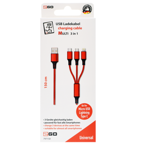 2GO 3in1 USB Ladekabel Micro-USB,Apple,TypeC Nylon 1,5m rot