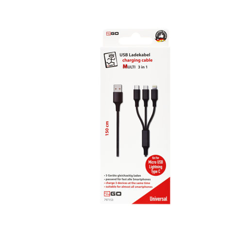 2GO 3in1 USB Ladekabel Micro-USB,Apple,TypeC Nylon 1,5m  sw