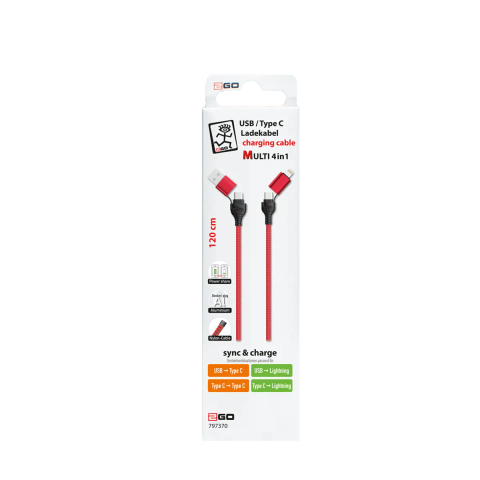 2GO USB / Type C Ladekabel 4 in 1 USB A, Lighn. 1,2m  rot