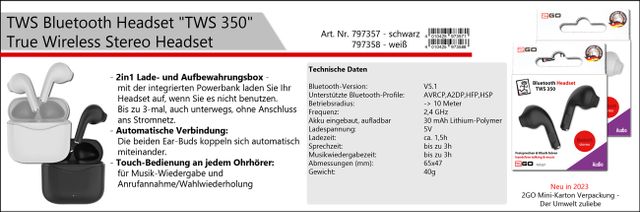 2GO Bluetooth Headset TWS 350 schwarz