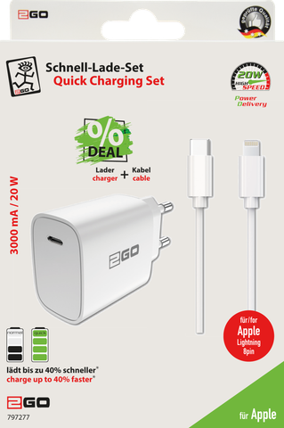 2GO Ladegerät 20W 1x USB-C inkl. Kabel USB-C auf lightn.weiß