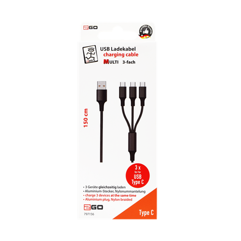 2GO 3in1 USB Ladekabel USB Type-C Nylon  1,5m   schwarz