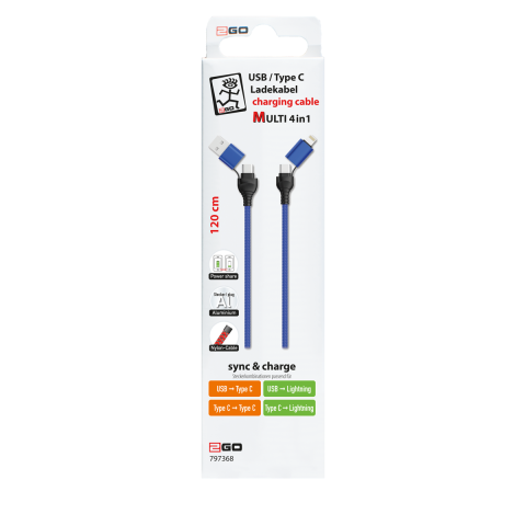 2GO USB / Type C Ladekabel 4 in 1 USB A, Lighn. 1,2m blau