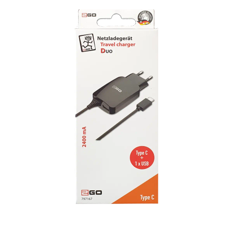 2GO Ladegerät 12W USB-C + 1-Port 1x USB-A Kabel 1,4m schwarz