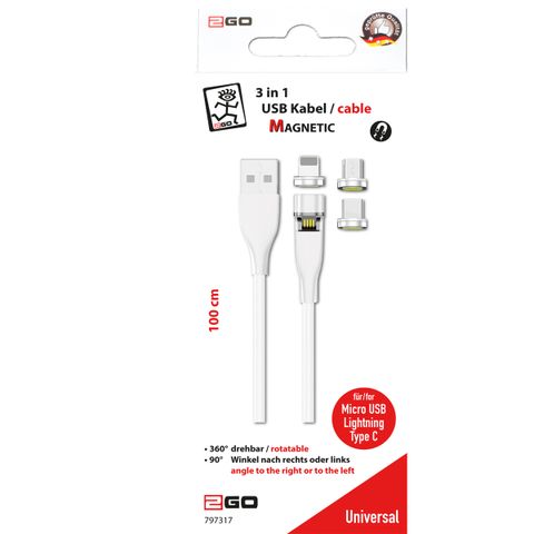 2GO USB 3in1 Magnetic Kabel drehb.Micro-USB,Lightn.,USB-C 1m