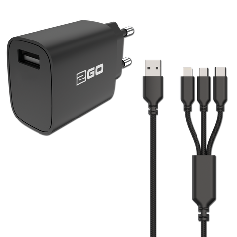 2GO Ladegerät 15W inkl. Kabel 1xUSB-A 1xMicroUSB 1xLightn sw