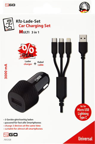 2GO KFZ-Ladegerät 3000mA 3in1 Micro-USB, Lightning, USB-C sw
