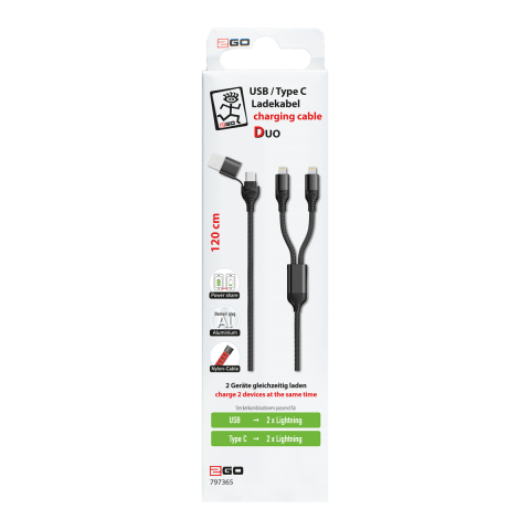 2GO USB / Type C Ladekabel DUO 2x Lightning Nylon 1,5m  sw