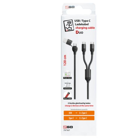 2GO USB / Type C Ladekabel DUO 2x USB-C Nylon 1,2m  schwarz
