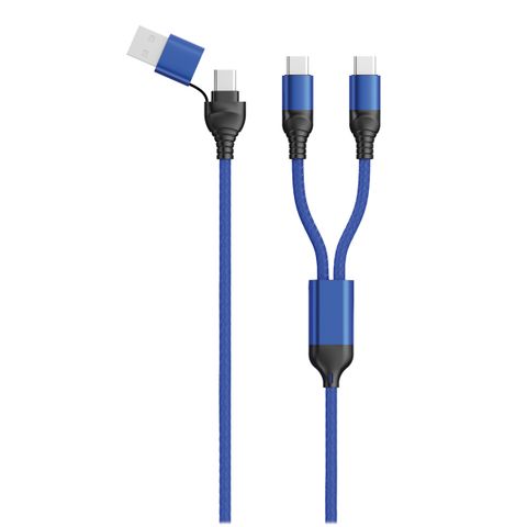 2GO USB / Type C Ladekabel DUO 2x USB-C Nylon 1,2m  blau