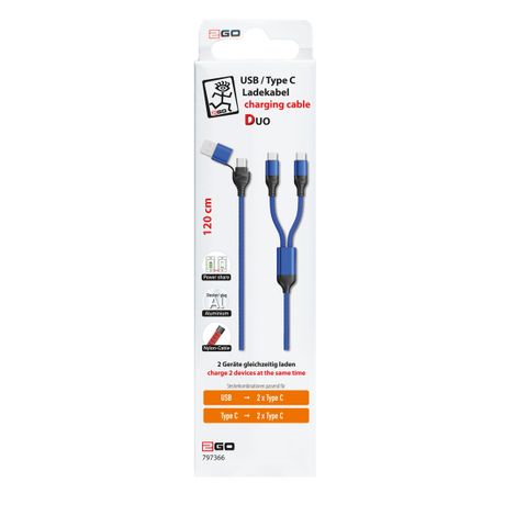 2GO USB / Type C Ladekabel DUO 2x USB-C Nylon 1,2m  blau