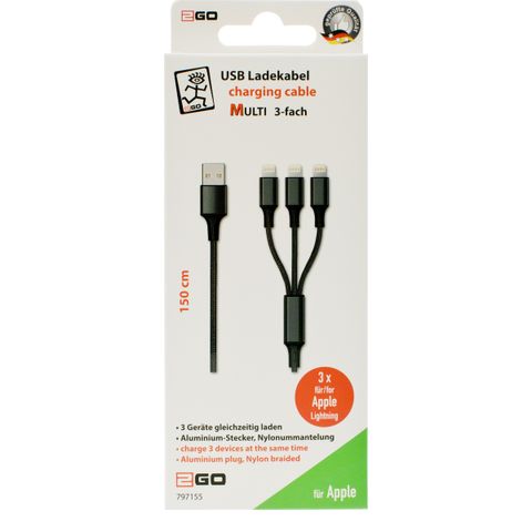 2GO 3in1 USB Ladekabel 3x Lightning Nylon 1,5m  schwarz