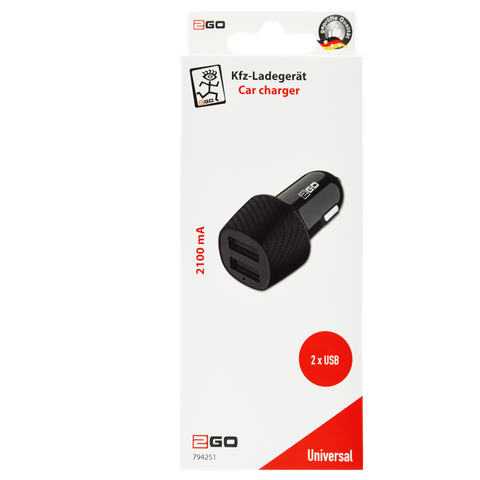 2GO KFZ Ladegerät 2000mA 2x USB-A   schwarz