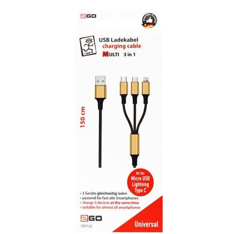 2GO 3in1 USB Ladekabel Micro-USB,Apple,TypeC Nylon 1,5m gold