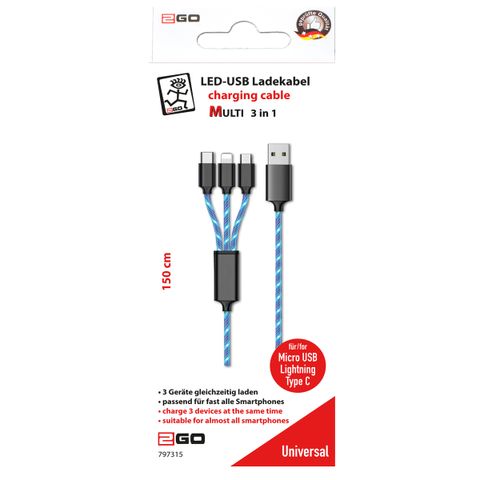 2GO 3in1 USB LED Kabel blau Micro-USB,Lightning,USB-C 1,5m