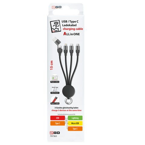 2GO USB / Type C Ladekabel Micro USB, Lightn., USB-C 15cm sw